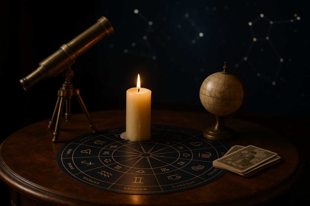 Horoskop i znaki zodiaku Horoskop dzienny 10 sierpnia 2026 przedstawiony przy świecy, teleskopie, globusie i kole zodiaku na drewnianym stole.