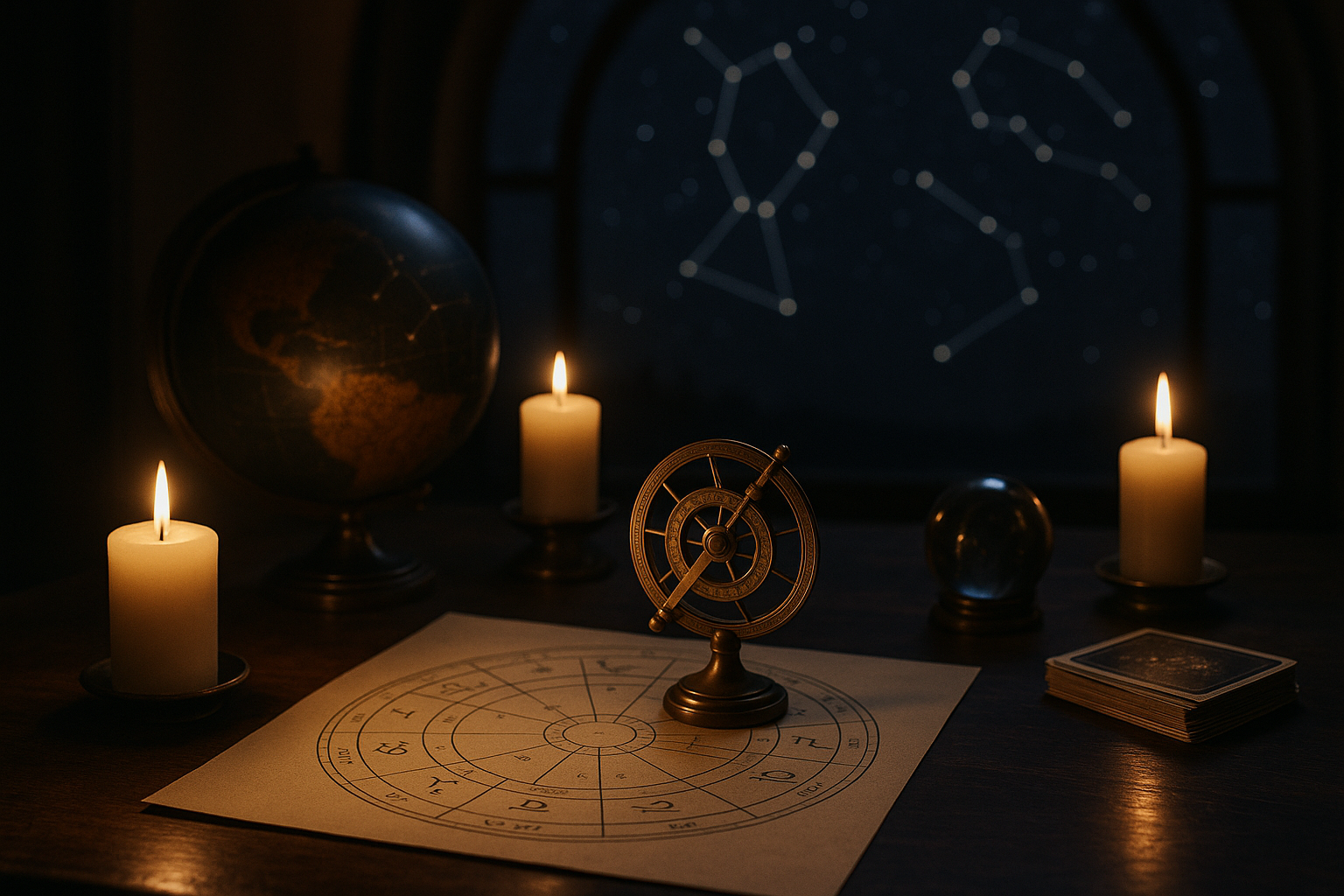Horoskop dzienny 12 sierpnia 2026 na tle mapy astrologicznej, świec, globusa i konstelacji.