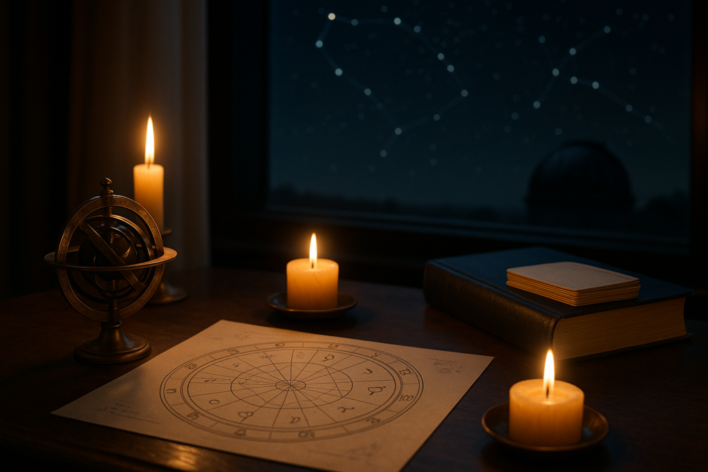 Horoskop miesięczny lipiec 2026 przedstawiony na tle karty zodiaku, świec i astrologicznego globusa