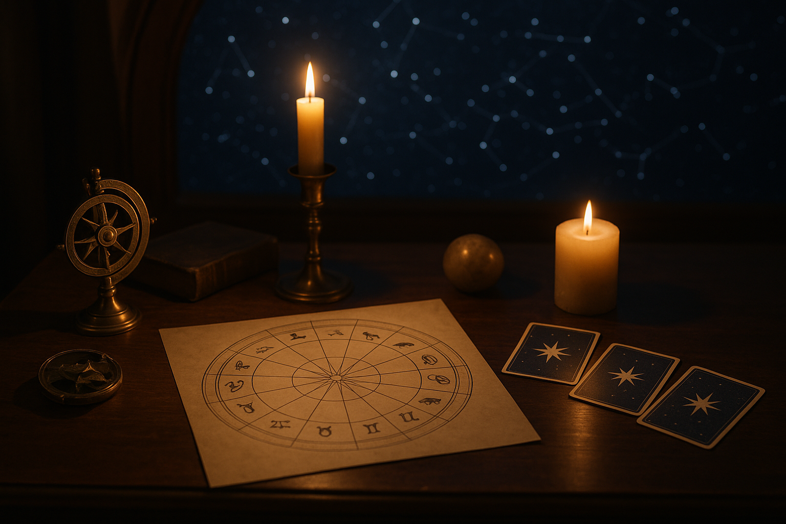 Stół z kartą astrologiczną, kartami tarota, świecami i dekoracyjnym astrolabium w nastrojowym, przyciemnionym wnętrzu.