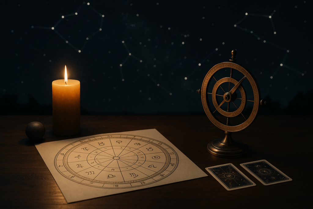 Astrologiczna mapa zodiaku Horoskop miesięczny wrzesień 2026 przedstawiony na astrologicznej mapie zodiaku przy świecy i kartach na tle gwiazd.