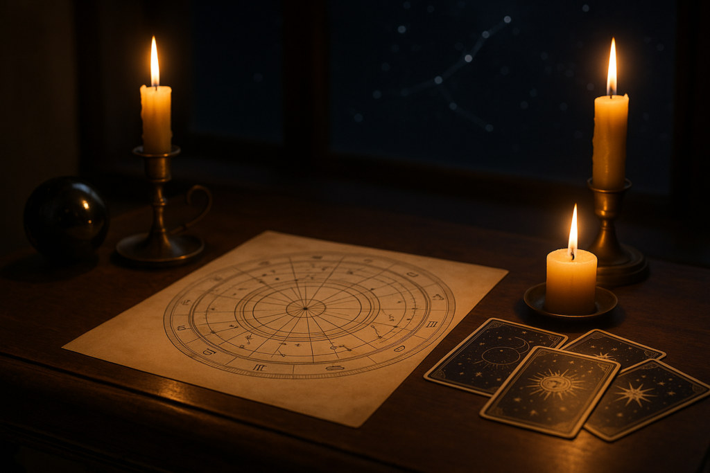 Horoskop tygodniowy 6–12 lipca 2026 przedstawiony na astrologicznej mapie i kartach tarota przy świecach.