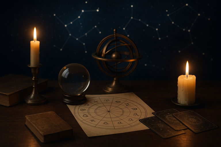 Blog o symbolice przedstawionej przy świecach, z kryształową kulą, astrolabium i kartą z diagramem na stole