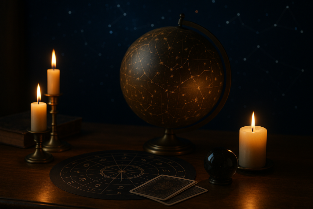 Horoskop tygodniowy 27 lipca–2 sierpnia 2026 ilustruje globus z konstelacjami, świece i okrągłą mapę zodiaku na stole.