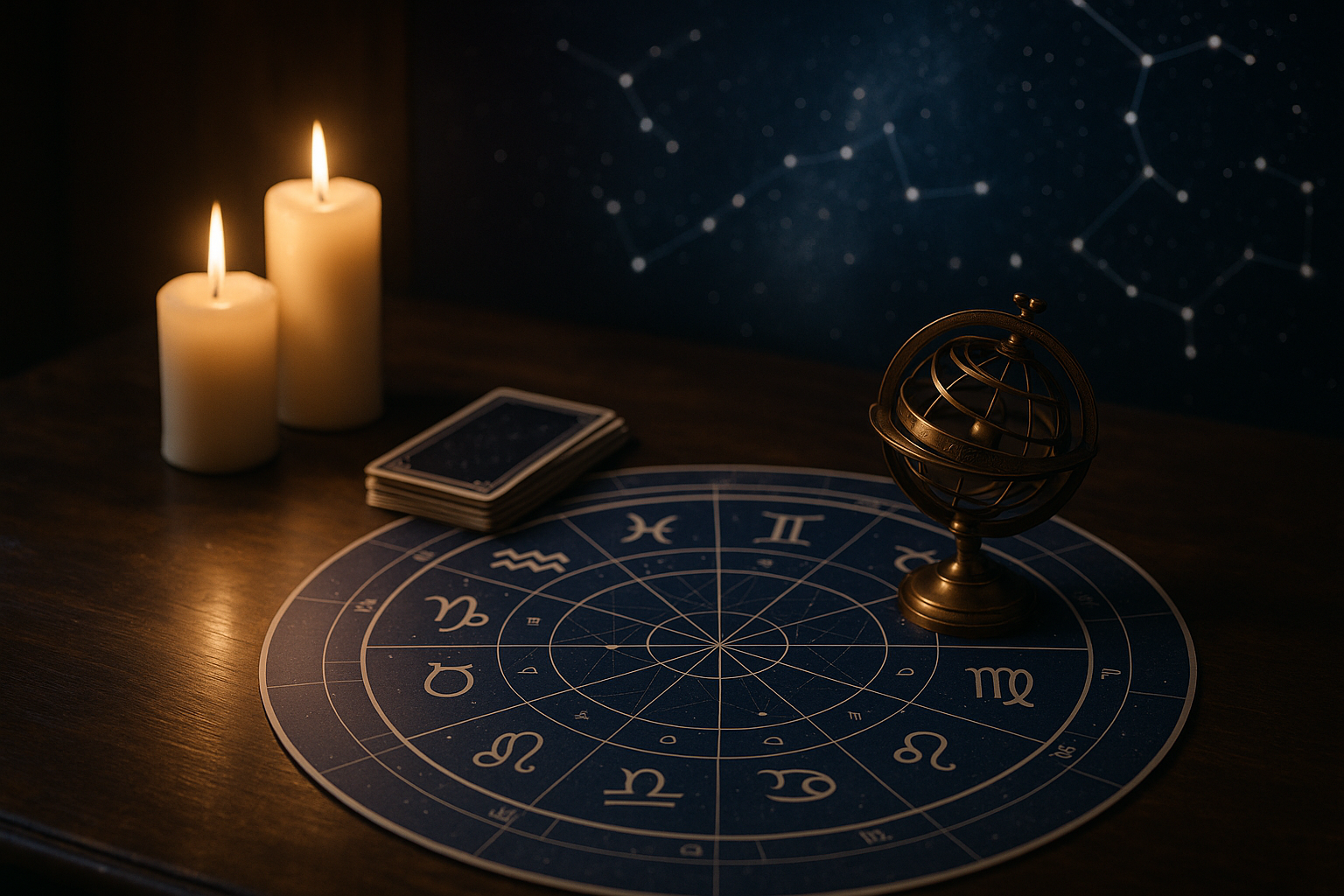 Okrągła mapa znaków zodiaku na drewnianym stole, obok globus astronomiczny, książki i zapalone świece.
