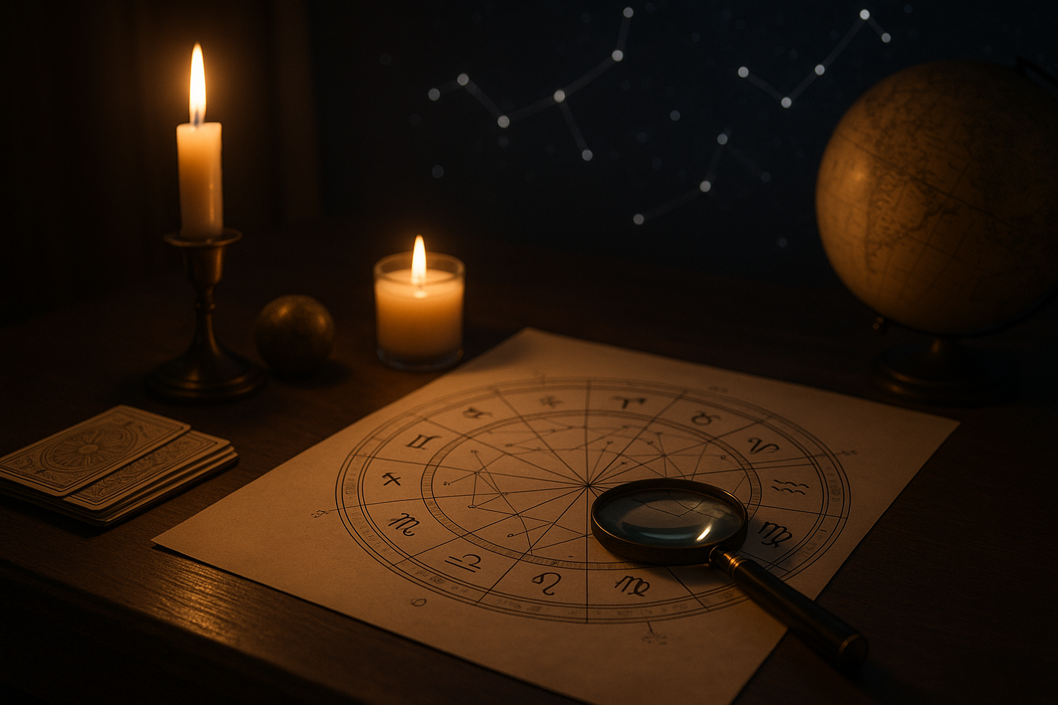 Horoskop tygodniowy 10–16 sierpnia 2026 przedstawiony na astrologicznej mapie zodiaku przy świecach i lupie.